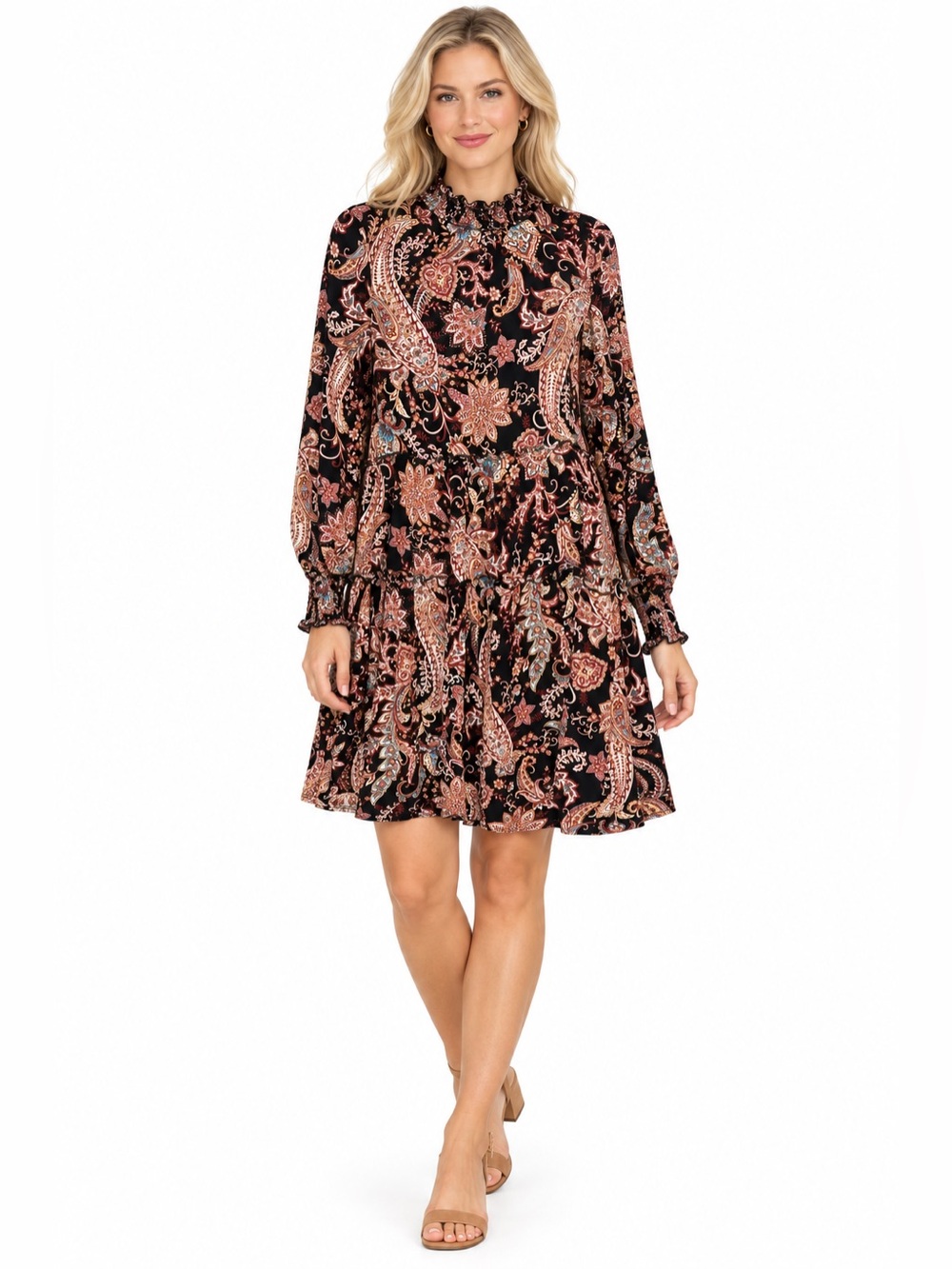 Anthropologie Size Small Long-Sleeve Paisley Mini Dress - Black & Pink